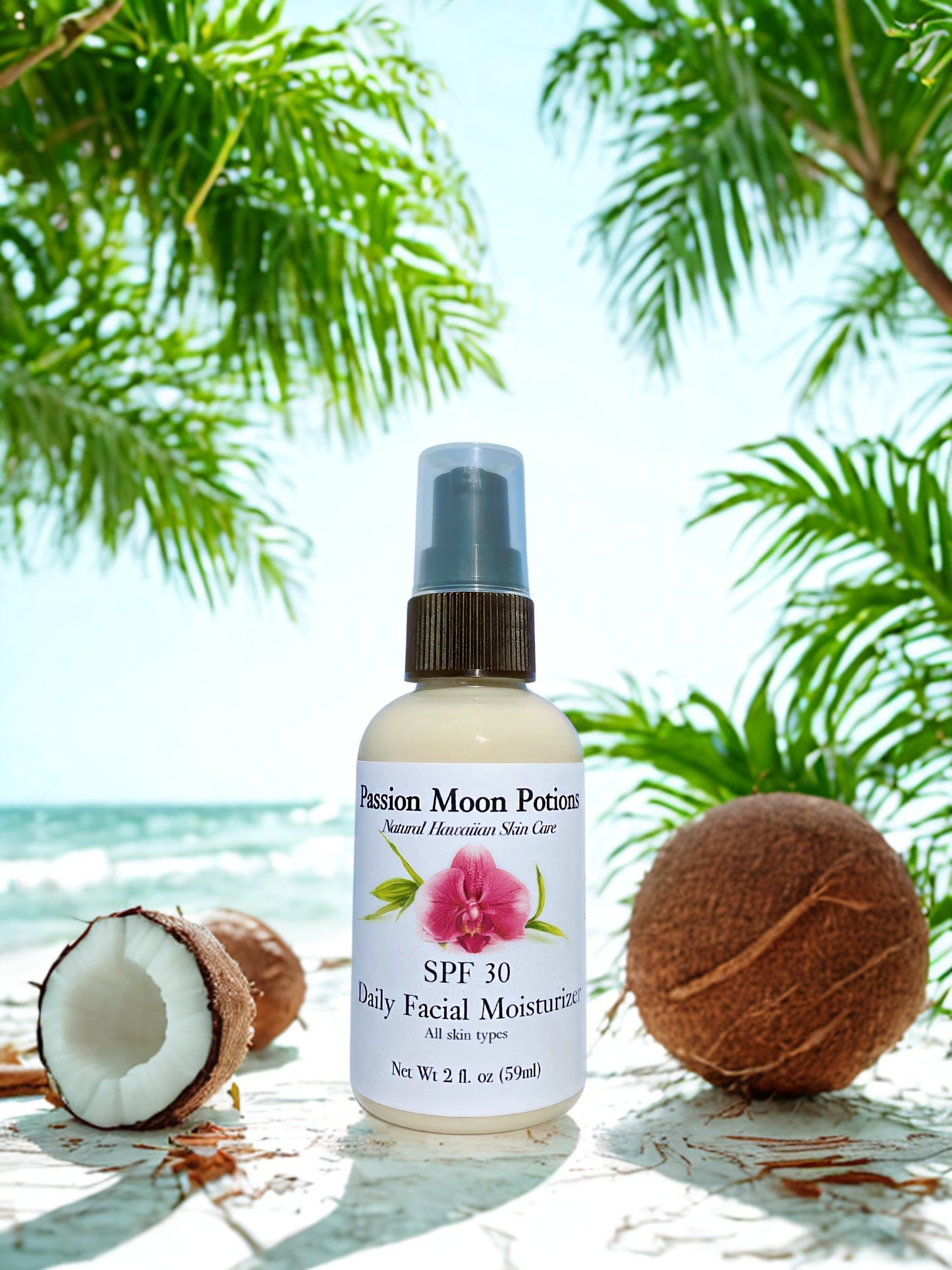 Bottle of Passion Moon Potions SPF 30 daily facial moisturizer with coconuts and palm leaves in the background.