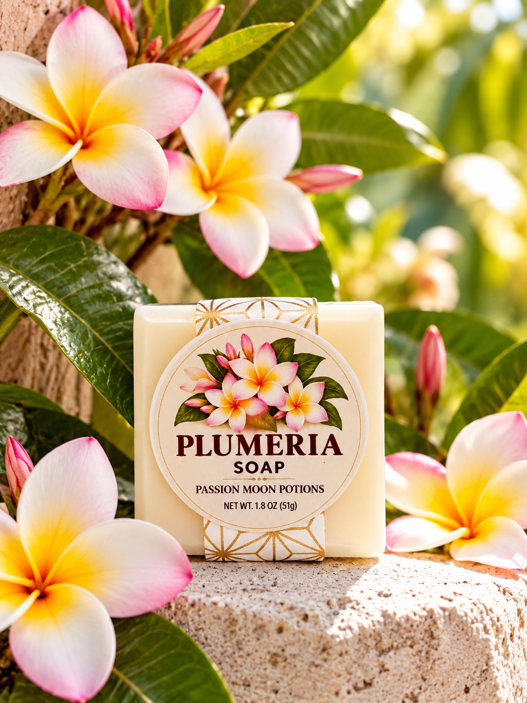 A bar of Plumeria Soap from Passion Moon Potions is displayed on a stone surface, surrounded by fresh pink and yellow plumeria flowers and green leaves in a tropical outdoor setting.