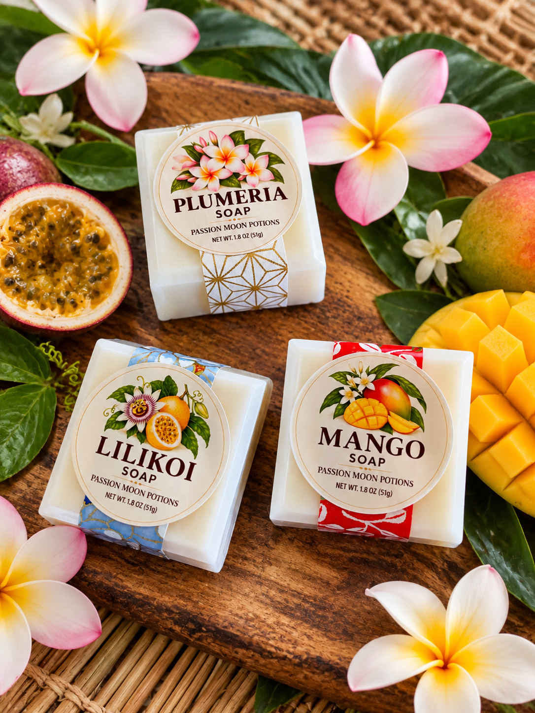 Three square bars of Passion Moon Potions soap arranged on a wooden board with tropical flowers, leaves, a halved passion fruit, and sliced mango. The soaps are labeled Plumeria, Lilikoi, and Mango.